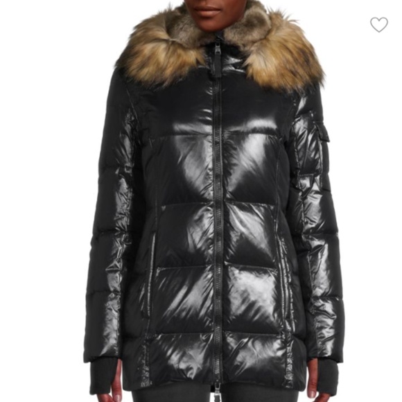 S13 Black Duck Down Faux Fur-Trim Hooded Puffer Jacket Size M